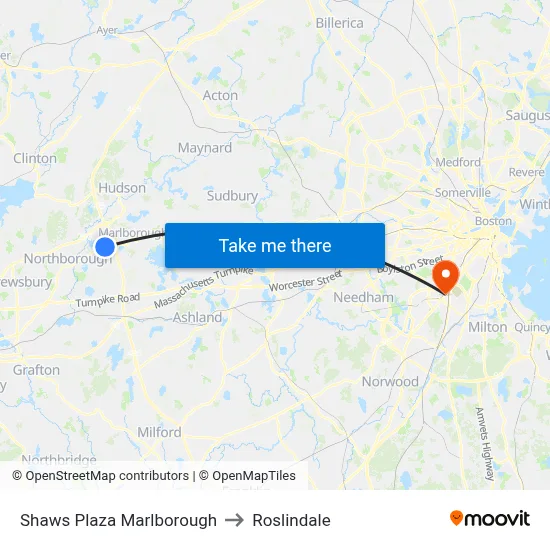Shaws Plaza Marlborough to Roslindale map