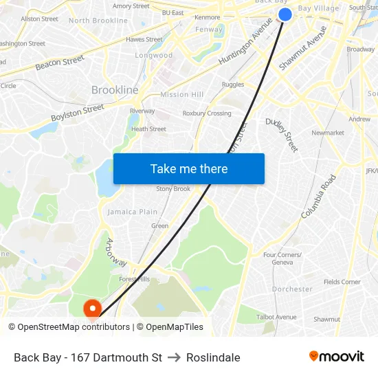 Back Bay - 167 Dartmouth St to Roslindale map