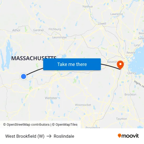 West Brookfield (W) to Roslindale map