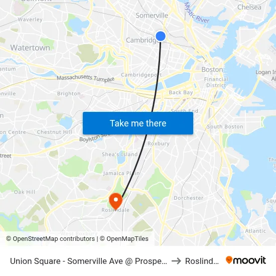 Union Square - Somerville Ave @ Prospect St to Roslindale map