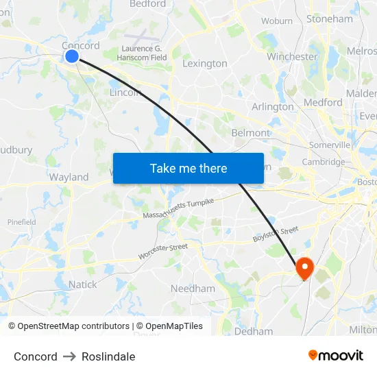 Concord to Roslindale map