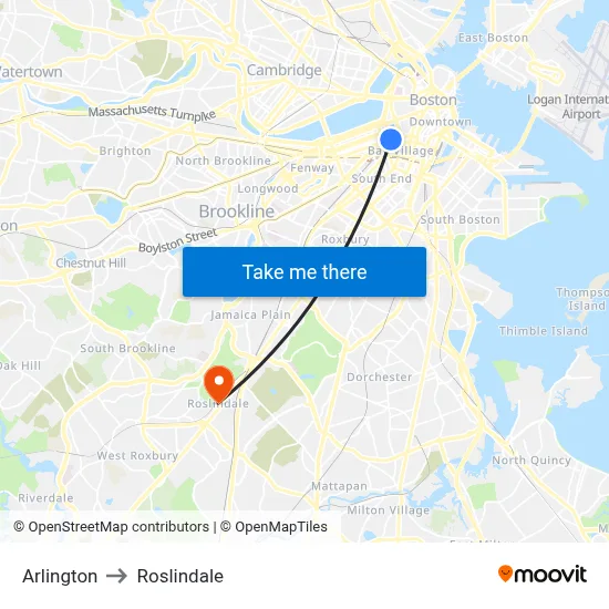 Arlington to Roslindale map