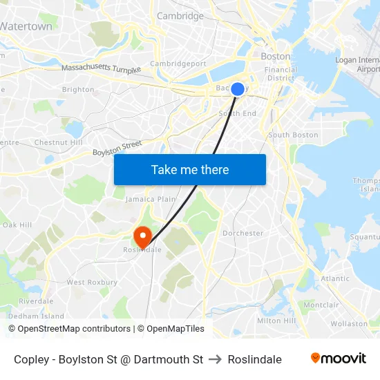 Copley - Boylston St @ Dartmouth St to Roslindale map