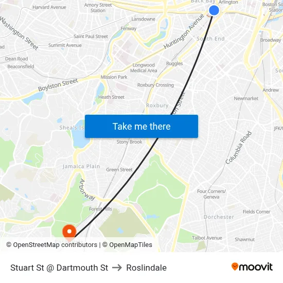 Stuart St @ Dartmouth St to Roslindale map