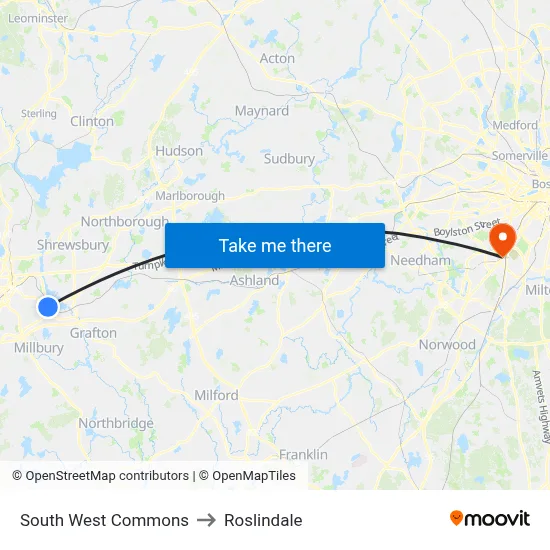 South West Commons to Roslindale map