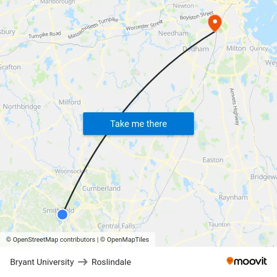 Bryant University to Roslindale map