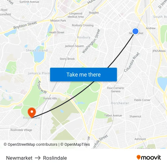 Newmarket to Roslindale map