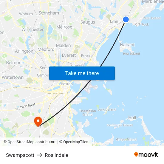 Swampscott to Roslindale map