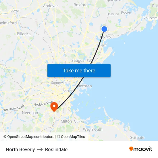 North Beverly to Roslindale map