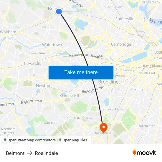 Belmont to Roslindale map