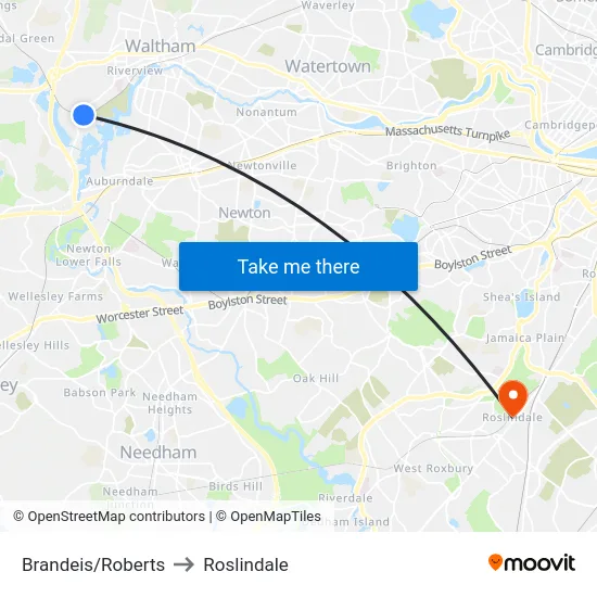 Brandeis/Roberts to Roslindale map