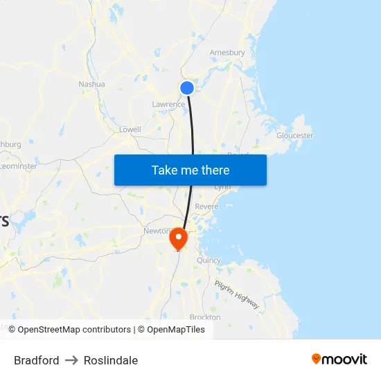 Bradford to Roslindale map