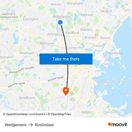 Wedgemere to Roslindale map