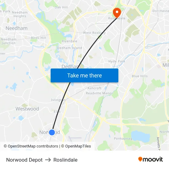 Norwood Depot to Roslindale map