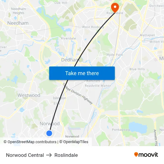 Norwood Central to Roslindale map
