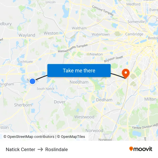 Natick Center to Roslindale map