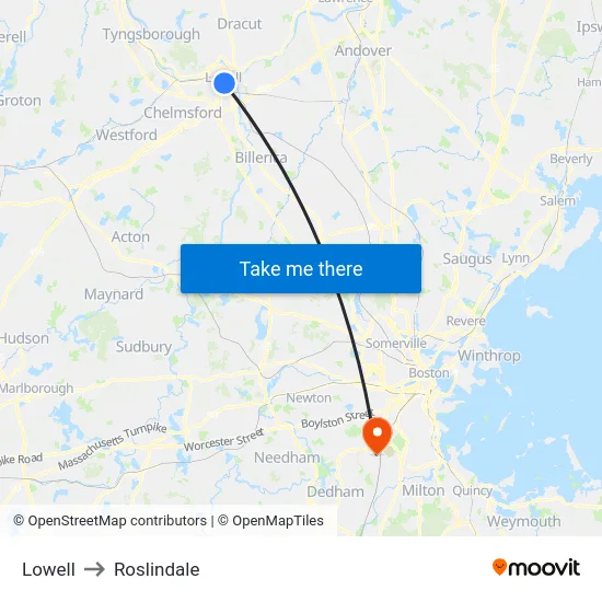 Lowell to Roslindale map