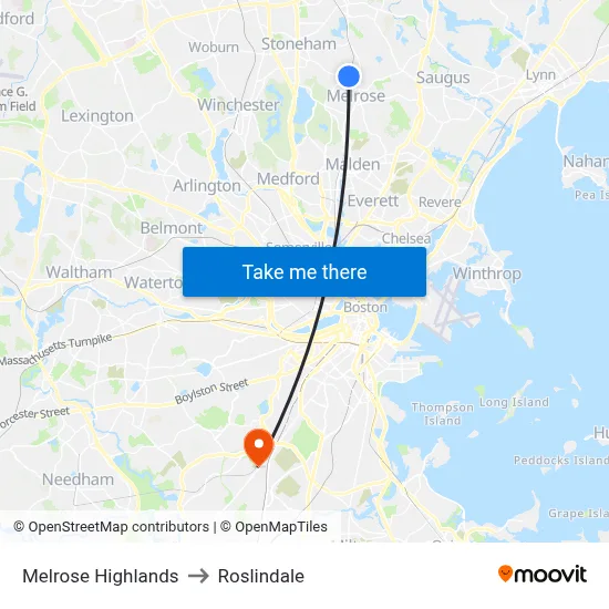 Melrose Highlands to Roslindale map
