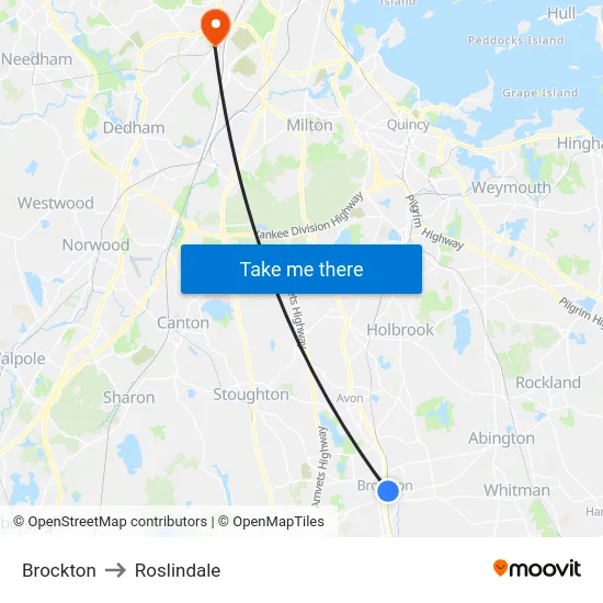 Brockton to Roslindale map