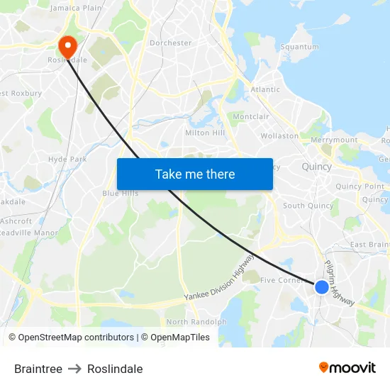 Braintree to Roslindale map