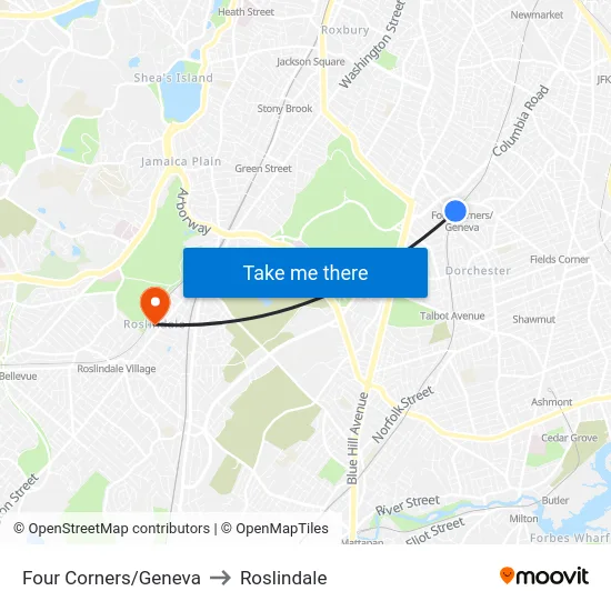 Four Corners/Geneva to Roslindale map