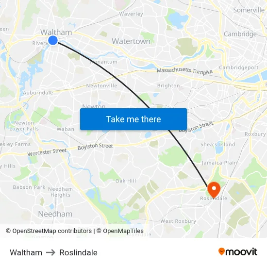Waltham to Roslindale map