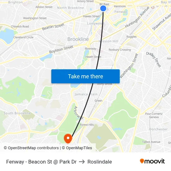 Fenway - Beacon St @ Park Dr to Roslindale map
