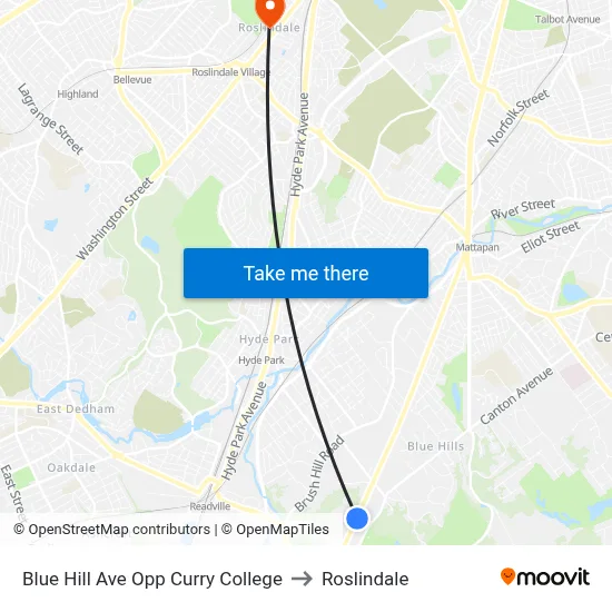 Blue Hill Ave Opp Curry College to Roslindale map