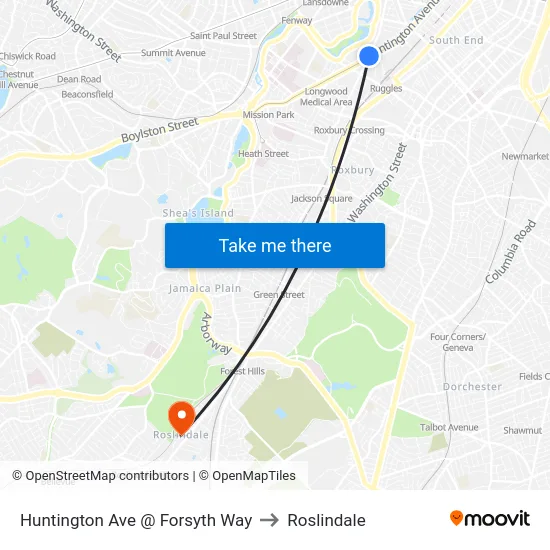 Huntington Ave @ Forsyth Way to Roslindale map
