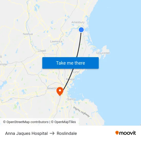 Anna Jaques Hospital to Roslindale map