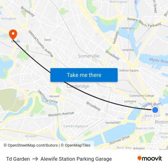 Td Garden to Alewife Station Parking Garage map