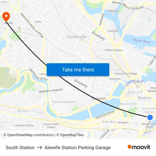 South Station to Alewife Station Parking Garage map