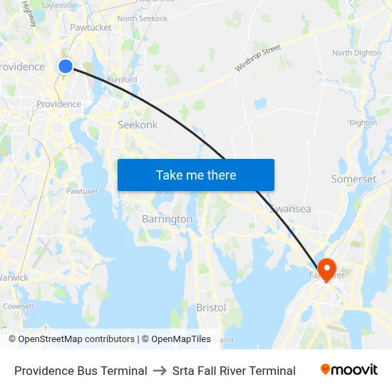 Providence Bus Terminal to Srta Fall River Terminal map