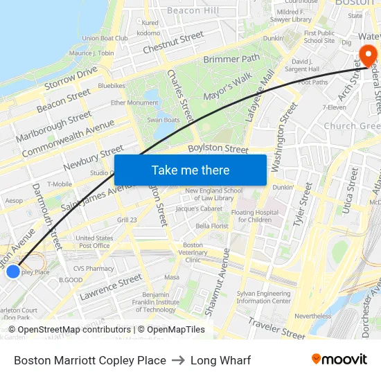 Boston Marriott Copley Place to Long Wharf map