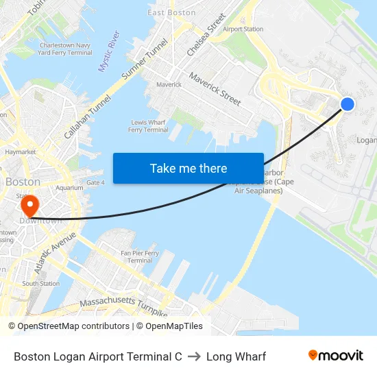 Boston Logan Airport Terminal C to Long Wharf map