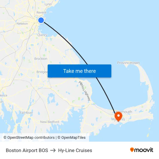 Boston Airport BOS to Hy-Line Cruises map