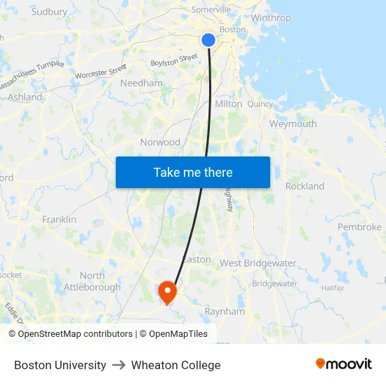 Boston University to Wheaton College map