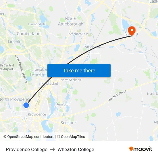 Providence College to Wheaton College map