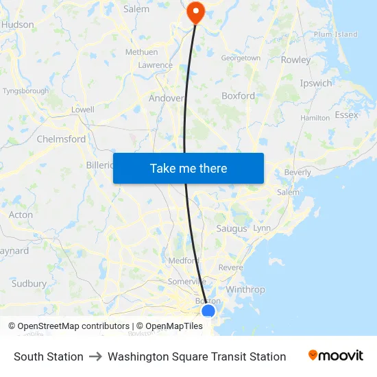 South Station to Washington Square Transit Station map