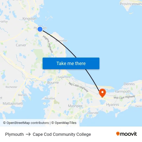 Plymouth to Cape Cod Community College map