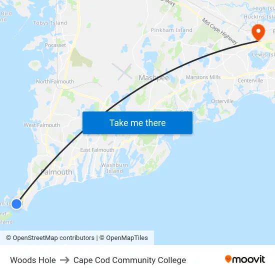 Woods Hole to Cape Cod Community College map