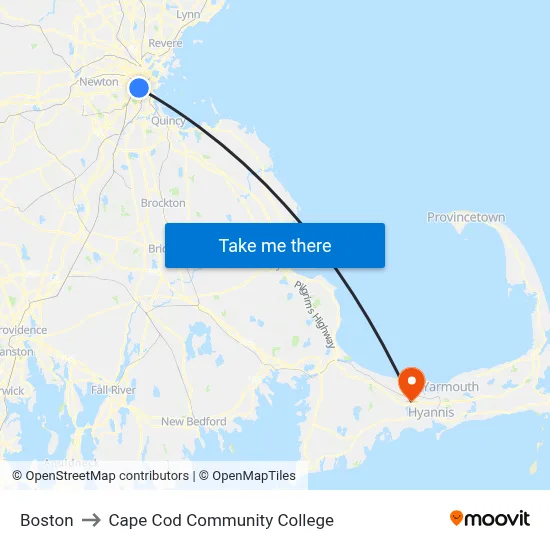 Boston to Cape Cod Community College map