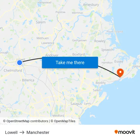 Lowell to Manchester map