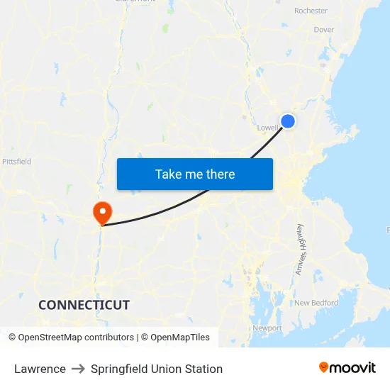 Lawrence to Springfield Union Station map