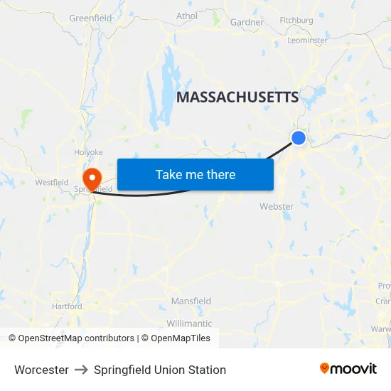 Worcester to Springfield Union Station map