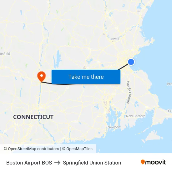 Boston Airport BOS to Springfield Union Station map