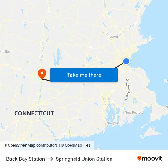 Back Bay Station to Springfield Union Station map