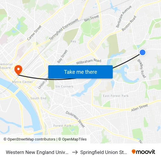 Western New England University to Springfield Union Station map