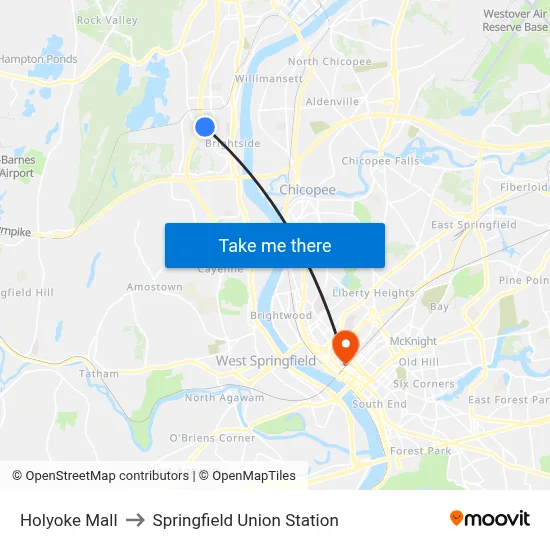 Holyoke Mall to Springfield Union Station map
