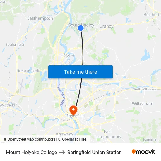 Mount Holyoke College to Springfield Union Station map